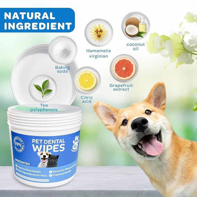 Pet Dog Teeth Cleaning Finger Wipe – 50-Count Disposable Teeth & Gum Cleaning Dental Wipes for Dogs & Cats, Embossed Finger Pads for Plaque & Tartar Removal, Breath Freshening, No-Rinse Oral Care