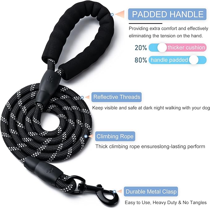 2 Pack Dog Leash, 4/5//6 FT Heavy Duty Nylon Rope Pet Leashes with Comfortable Padded Handle, Reflective Dog Leashes for Small Medium and Large Dogs (4FT-1/2,Black/Grey)
