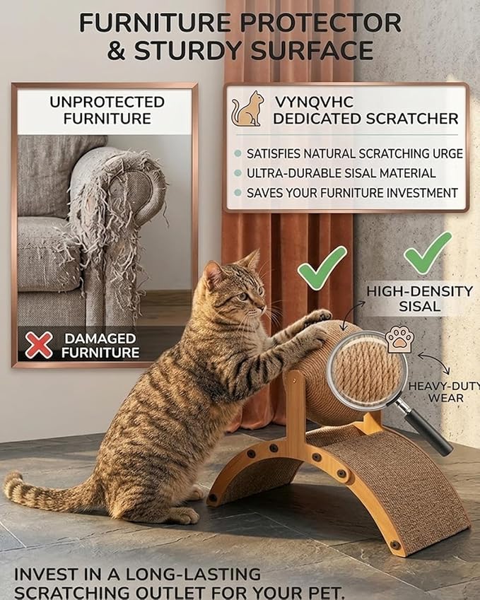 Wobble Ball Cat Scratcher, Cat Scratching Ball on Stand, 2-in-1 Interactive Cat Scratcher with 360° Rotating Sisal Ball & Arch Bridge, Solid Wood for Indoor Cat Kittens - Protects Furniture & Rugs (L)