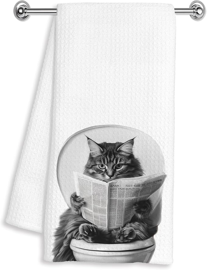Funny Tabby Cat Hand Towels for Bathroom Washroom Decor 16x24 Inches, Cat Lover Gifts for Women Men, Black and White Newspaper Kitten Bathroom Towels Decorative