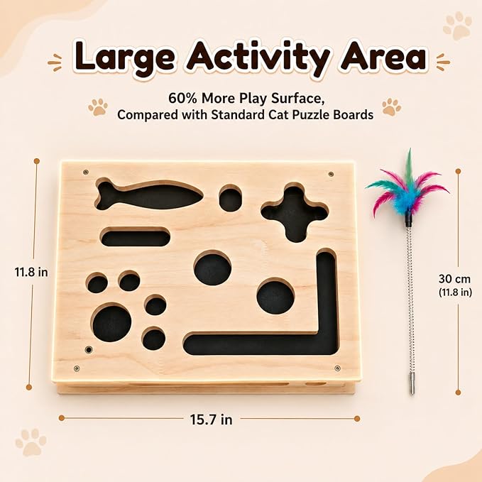 Large Cat Nail File Box for Cats, Wooden Cat Scratch Puzzle Enrichment Box with Sandpaper Liner, Feather Wand & 3 Balls, Interactive Cat Toy for Indoor Cats