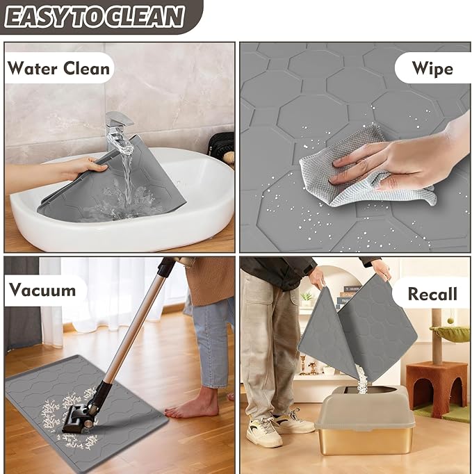 Silicone Cat Litter Mat, 34“ x 22” Waterproof Cat Litter Mats for Floors, Raised Edges Prevent Leaks and Make Cleaning Easy (Gray)