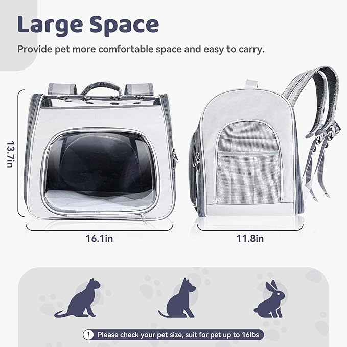 Cat Soft-Sided Carrier Backpack, Breathable Mesh Foldable Pet Travel Carrier with Reinforced Support, Portable Puppy Carrying for Kitty Up to 15lbs (Grey)