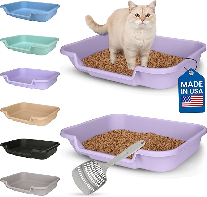 KittyGoHere Senior Cat Litter Box, Large Litter pan with Long-Handle Jumbo Scoop, Open Top Low Entrance Kitty Litter Box, Lightweight Low Entry Litters Box, Durable, Made in USA (2 Pack - Lavender)