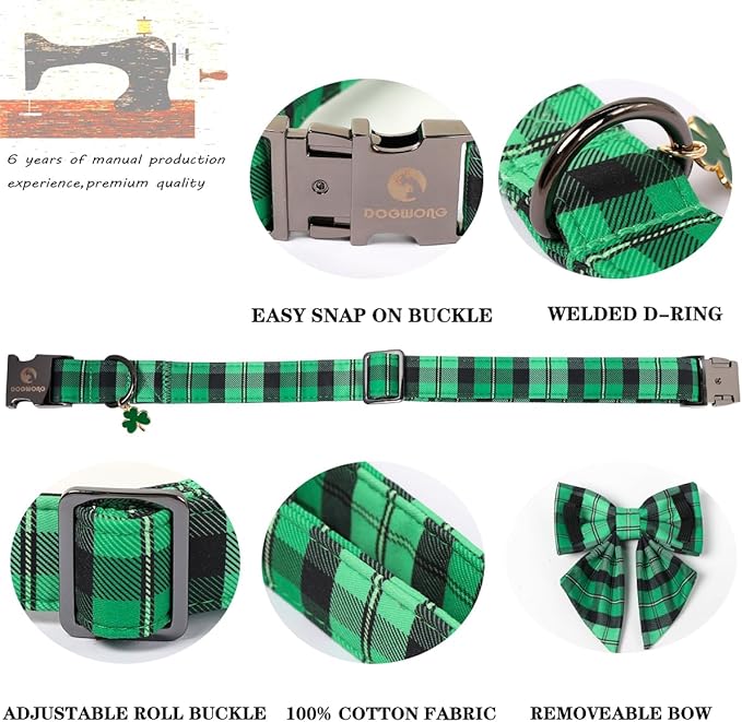 DOGWONG St. Patrick's Day Dog Collar with Sailor Bowtie, Green Plaid Bowtie Dog Collar for Small Medium Large Dogs,M