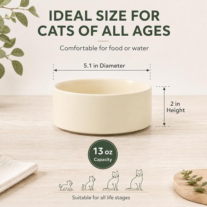 Havniva Cat Bowls Water Bowl Set of Two, 5.1” Ceramic Cat Food and Water Bowl Whisker Friendly Pet Food Bowls for Indoor Cats, Wide Cat Water Dish Prevent Whisker Fatigue Non Slip Cat Feeder