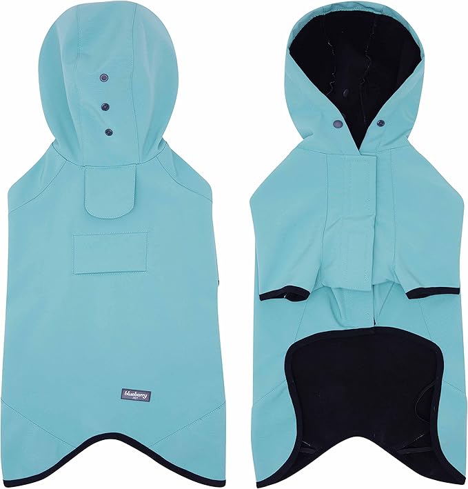 Blueberry Pet 2023 New 24" Waterproof Dog Softshell Jacket, Hooded Raincoat and Windbreaker with Leash & Harness Hole, Blue Turquoise, Outdoor Rain Gear for Dogs