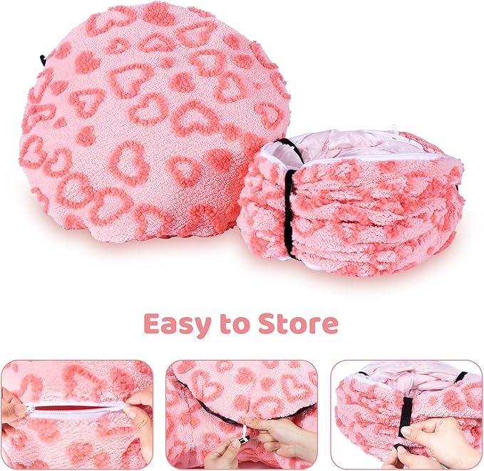 Cat Tunnel Bed, Cute Cat Tunnel Toy with Washable Cushion, Fits Indoor Cats up to 25 lbs, Cute Peekaboo Cave Pet Bed for Kittens, Rabbits, Pink Heart