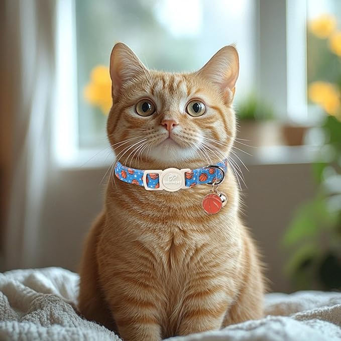 2 Pack Boy Cat Collars - Green Soccer & Blue Basketball Breakaway Cat Collars, Adjustable Boy Kitten Safety Collar for Small Dogs Puppy, Cute Pet Collar with Bell & Pendant