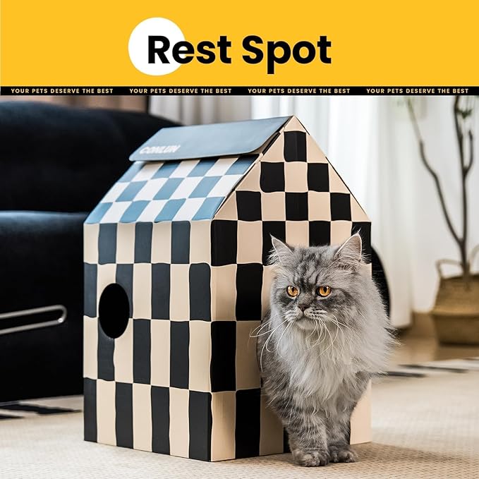 Conlun Cardboard Cat House with Scratch Pad & Catnip, Cat Play Scratching House for Indoor Hideaway Furniture, Heavy Duty Sturdy Cardboard Scratcher, Easy to Assemble Birthday Gift, Medium, 2 Pack