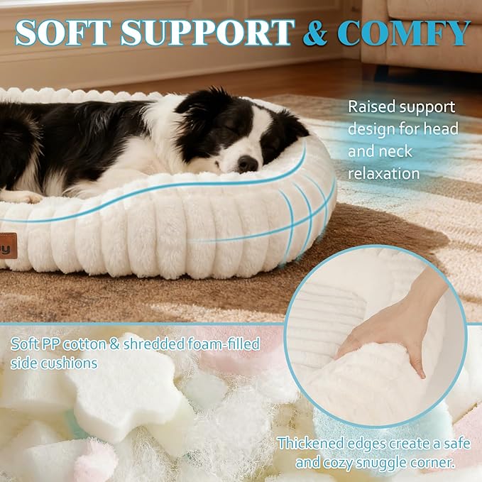 Orthopedic Dog Bed for Extra Large Dogs, Comfort-Sided Calming Pet Bed Couch with Breathable Memory Foam, Plush Faux Rabbit Fur & Anti-Slip Bottom, Machine Washable, 43"x31"x5.5", Cream