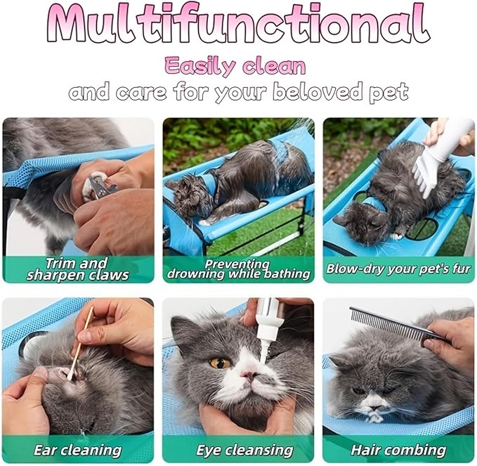 Pet Grooming Hammock for Small Dogs & Cats, Foldable Stainless Steel Grooming Table with Storage Pockets, Pet Bathing Support Stand for Nail Trimming & Drying(Black)
