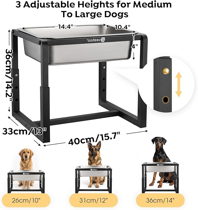 Veehoo 2.4 Gallon Elevated Dog Water Bowl, Stainless Steel Raised Dog Water Bowl Stand for Large Breeds, 3 Adjustable Heights Tall Dog Feeding Station for Relief Joint Pressure, Indoor & Outdoor