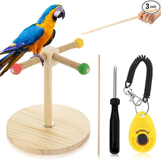 3 Pcs Bird Training Stand Kit, Parrot Training Clicker Portable Tabletop Bird Perch and Target Stick, Wooden Spin Perch Clickers with Wrist Strap for Parakeet Conure Lovebird Cockatiel (Spin)