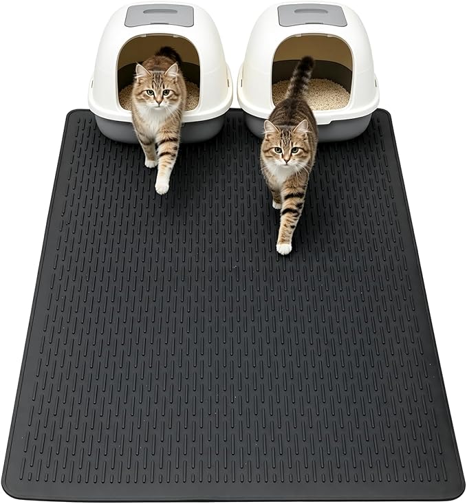 Large Cat Litter Mat 39x27 Inch, XL Waterproof Cat Litter Box Mat, Extra Large Litter Trapping Mat, Washable Rubber Cat Litter Catcher Mat for Multiple Cats, Black