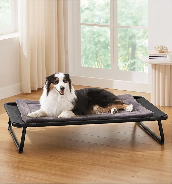 Made4Pets Outdoor Elevated Dog Bed for Large Dogs - Cooling Raised Pet Cot with Skid-Resistant Feet, Tool-Free Setup, Chew-Resistant Frame, Washable Mesh Hammock, Indoor & Outdoor Use, 42"x28", Black