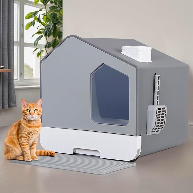 Large Enclosed Cat Litter Box with Mat and Litter Scoop Covered Cat Litter Pan, Odorless Toilet Anti-Splashing Kitty Pan, Gray
