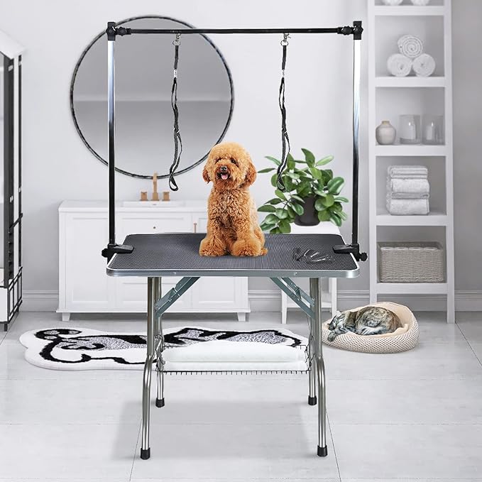 42 Inch Professional Adjustable Pet Grooming Table Heavy Duty with Arm Noose & Mesh Tray for Dog Cat Shower Table Maximum Capacity Up to 265Lb, Black