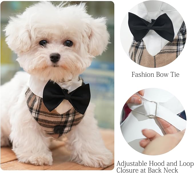 Dog Tuxedo Wedding Suit Shirt with Bow Tie, Formal Outfit Tux Attire for Puppy Small Medium Dogs Cats Costume (Khaki Tux, Small)