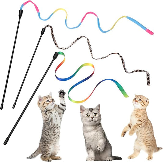 cobee 3 Pack Cat Wand Toy Set, 30cm Cat Interactive Wand with Rainbow Ribbon String + Leopard Print Cloth String for Kitten Training & Exerciser, Indoor Kitten Catcher