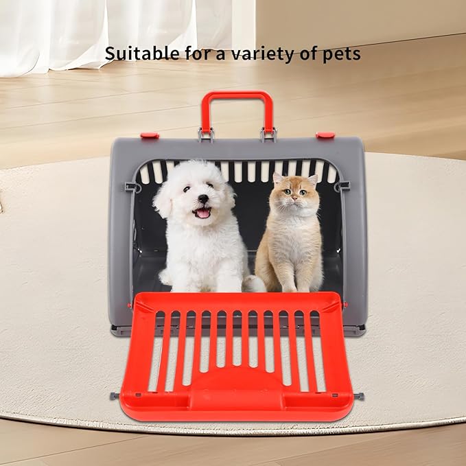 Foldable Travel Cat Carrier, Small Cat Carrier Hard Up to 25lbs, 18" Lx14.5 Wx14 H Front Open Type Plastic Cat Carriers, Red