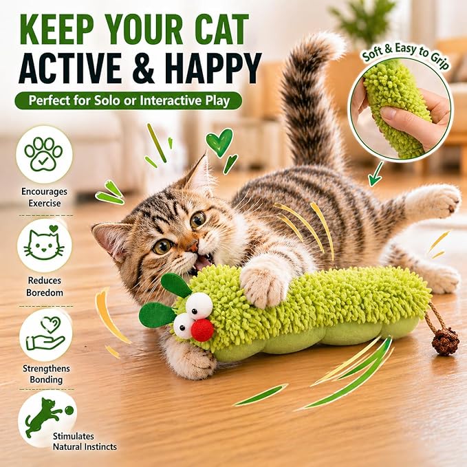 CaterpillarCat Toy for Indoor Cats, Plush Caterpillar Cat Toy for Kicking and Biting, Interactive Kitten Toy, Soft Chew & Kick Toy for Cats Boredom Relief