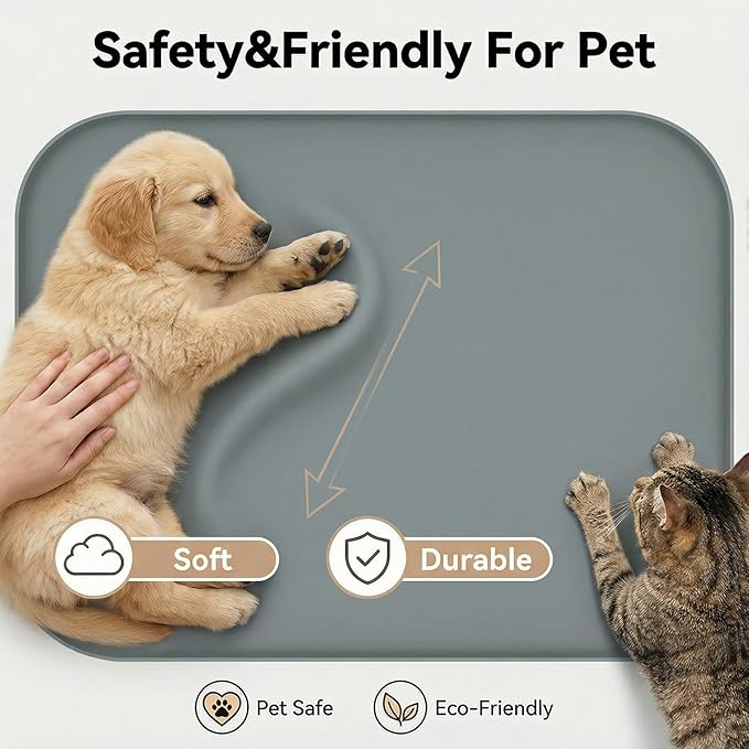 BLESWIN Waterproof Silicone Pet Feeding Mat Grey with Raised Edge,24" x 16"Non-Skid Spill Proof Dog Bowl Mats, Easy Clean Cat Bowls Placemat for Cats and Dogs
