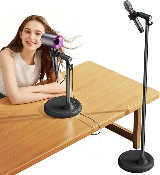 Hair Dryer Stand Hands Free With Anti-Slip Stable Base, Aluminum Alloy ,Adjustable Height 17 - 51 Inch,Blow Dryers Hairdryer Holder for Families & Pet Grooming & Salon Use Hair Dryer Holder（Black）
