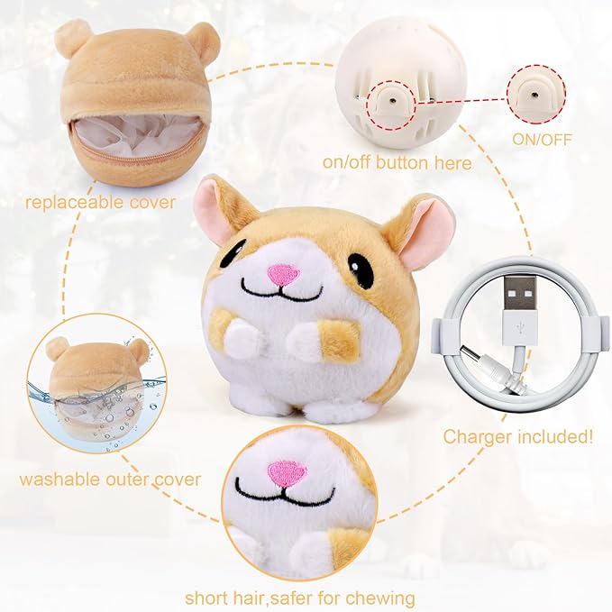 Mity rain Interactive Dog Toys, Interactive Dog Ball for Pet Automatic Rolling Jumping Vibrating Wiggling, Dog Squeaky Ball with Chewable Plush Cover&Music for Small/Medium/Large Dogs Chasing（Hamster