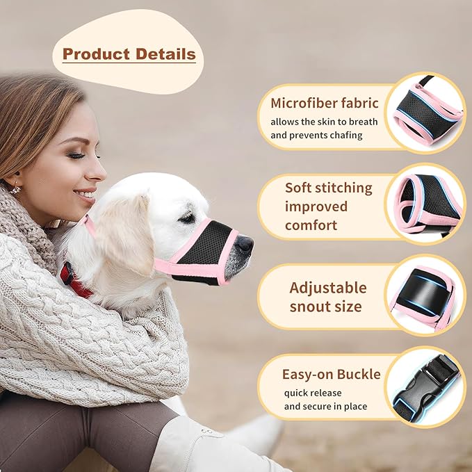 HEELE Dog Muzzle,Soft Nylon Muzzle Anti Biting Barking Chewing,Air Mesh Breathable Drinkable Adjustable Loop Pets Muzzle for Small Medium Large Dogs 4 Colors 4 Sizes (Pink, XL)