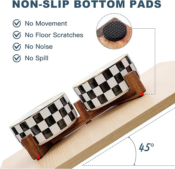 Ceramic Dog Bowls for Medium Dogs, 3.5 Cups Checkered Dog Food and Water Bowl with Acacia Wood Stand, Non-Slip Anti-Tip Elevated Feeding Station, Black and White