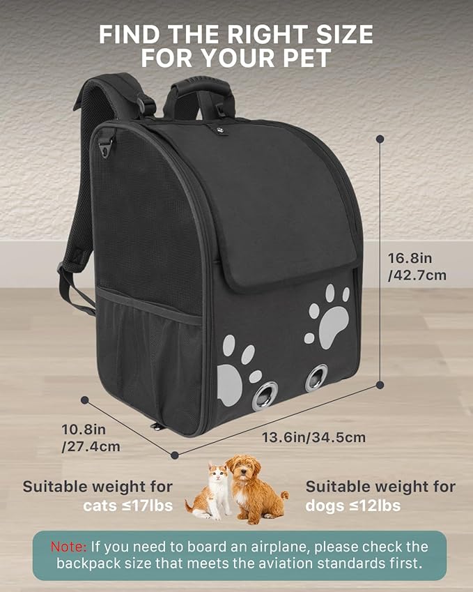 Cat Backpack Carrier with Comfort Handle, Ventilated Cat Backpack with Reflective Strips, with Chest and Shoulder Buckles, Foldable Cat Carrying Backpack for Kitty Small Dog up to 15lbs(Black).