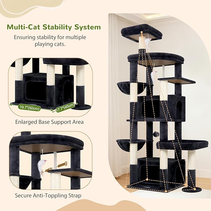 Globlazer Cat Tree for Large Cats, 75in Tall Multi-Level Heavy Duty Cat Tower for Indoor Cats with Extended Platform, 2 Spacious Condos, 2 Padded Perches, 6 Sisal Scratching Posts, S75, Dark Grey