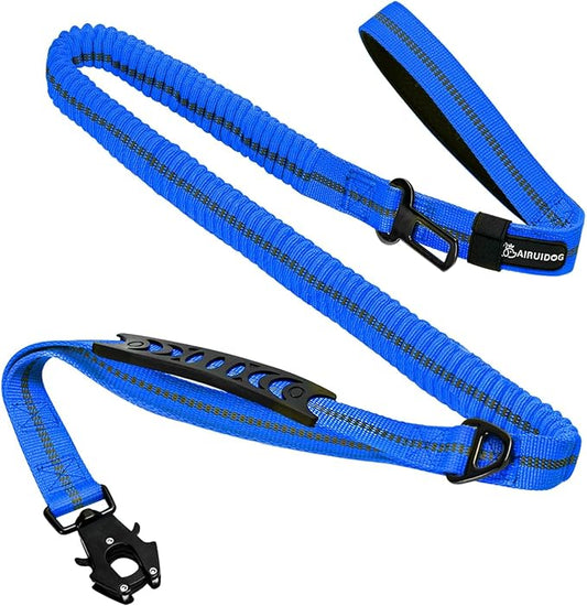 Heavy Duty Tactical Dog Leash, 4-6FT Shock Absorbing Bungee Lead with 2 Padded Handles, Metal Carabiner & Seatbelt Clip, Reflective No-Pull Leash for Medium/Large Dogs (Blue)