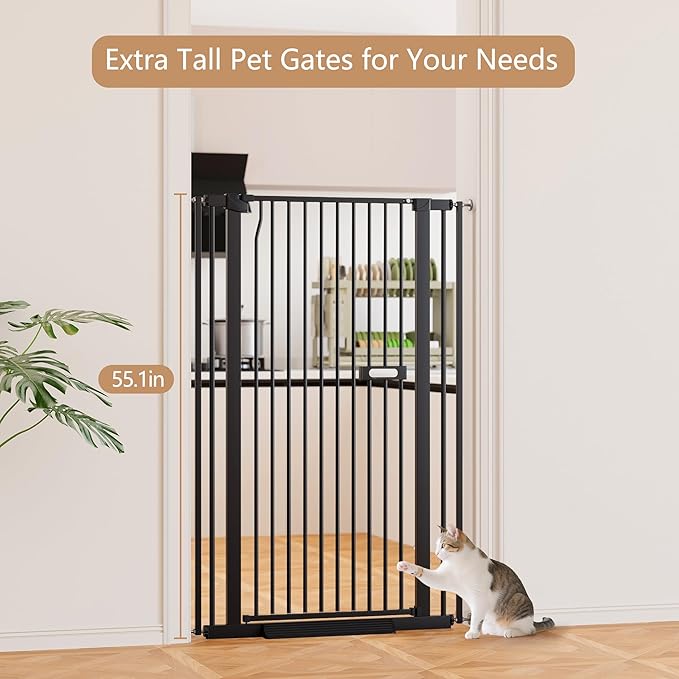 55.1" Extra Tall Cat Gate for Stairs, 26.1-29.7" Wide（66.5-75.5cm） Auto Close Cat Gate Indoor for Doorway/Hallways/Kitchen, No Drilling High Pressure Mounted, 1.37" Narrow Bar Spacing, Black
