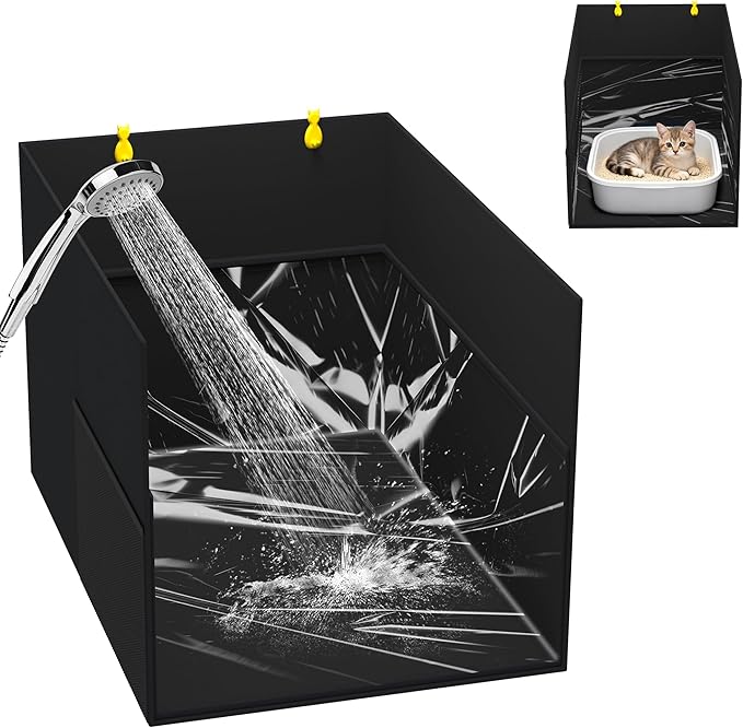 Aokeyee Black Waterproof Cat Litter Box Enclosure Splash Guard with Removable PVC Mat, Foldable Pet Litter Box Shield with 2 Hooks