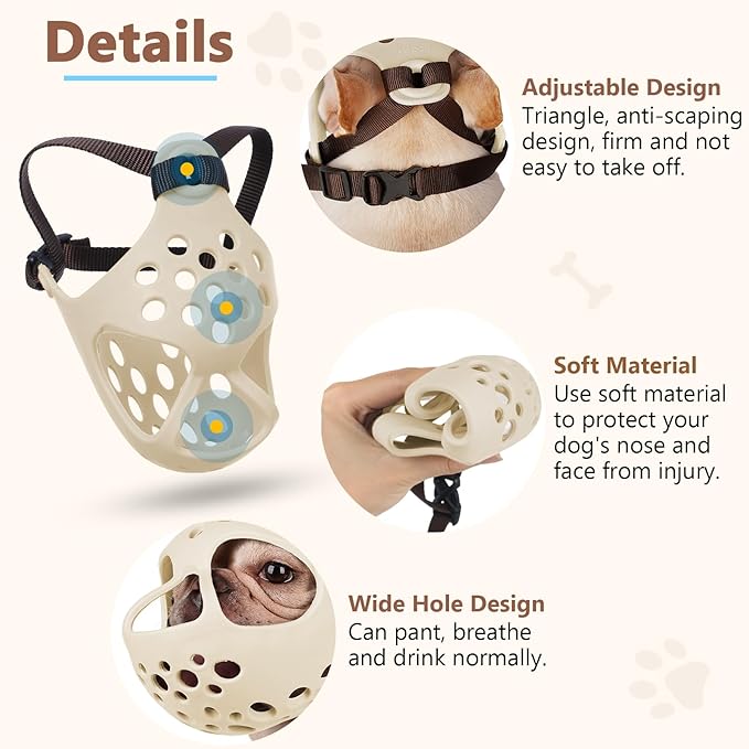 BARKLESS Short Snout Dog Muzzle, Soft Silicone Flat Faced Muzzle for French Bulldog Shih Tzu and Pug for Biting Chewing Licking and Grooming, Allows Panting (S, Khaki)