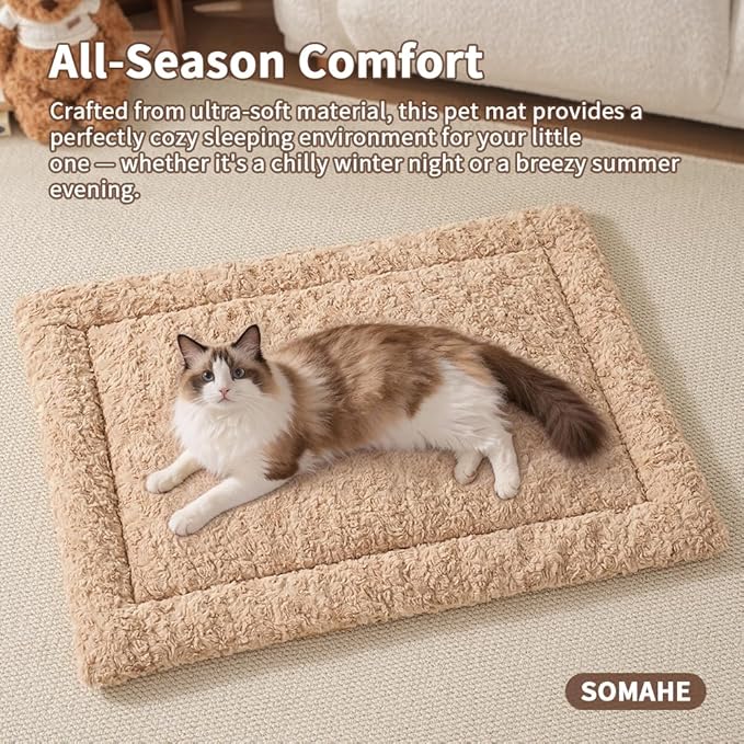 SOMAHE Self Warming Cat Bed Mat, Washable Self Heating Cat Mat, Extra Warm Thermal Pet Pad with Non-Slip Bottom, Soft Plush Faux Fur for Indoor Pet Sleep Cushion, 23x15 Inch Latte