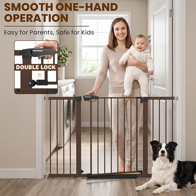 Mumeasy 29.7-57" Extra Wide Baby Gate, Auto Close Large Dog Gate for Doorways, No Drilling Pressure Mounted Pet Safety Gate for Stairs, Easy Walk Through Child Gate for Hallways, House, Indoor, Brown