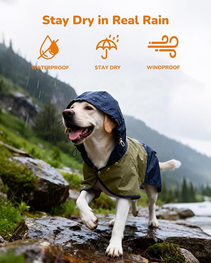 Waterproof Dog Raincoat with Hood, Extended Coverage Rain Jacket for Samll Dogs, Wind-Resistant Secure Fit with Leg Straps, Reflective, Leash Hole, Easy Hook & Loop Fastener On/Off, Blue, XS