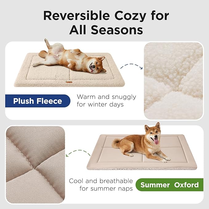 Reversible Dog Crate Pad Bed for Medium Small Dogs,Washable & Non-Slip Kennel Pet Mat, High Density Foam and Soft Fleece Cat Bed for Indoor & Outdoor Use, 29" x 21", Cream White