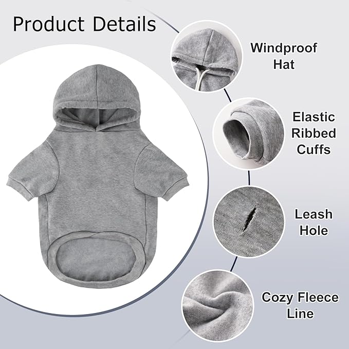 Dog Basic Hoodie Soft Dog Clothes Cold Weather Sweaters for Medium Large Dogs Cozy Fabric Warm Sweatshirt with Leash Hole for Boys (Grey, X-Small (2-5 lbs))