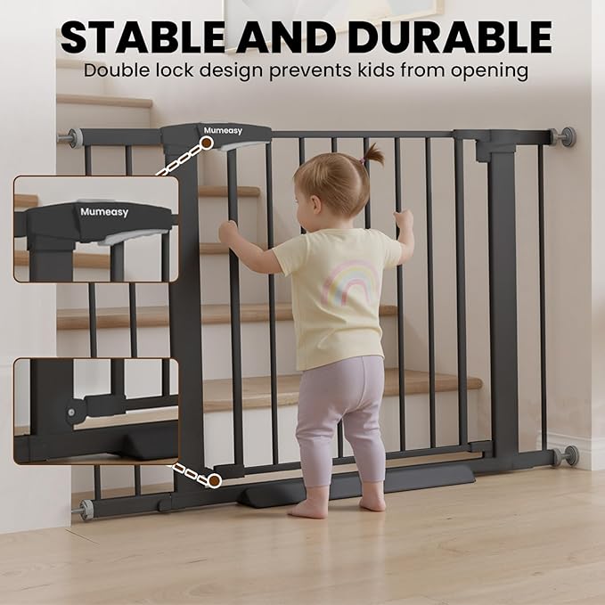 Baby Gate for Stairs, 29.7-40.6" Auto Close Dog Gate Indoor for Doorways, Dual-Lock Design, Adjustable Pet Gate No Drilling with Walk Thru Door for Hallways, Stroller Friendly, Black