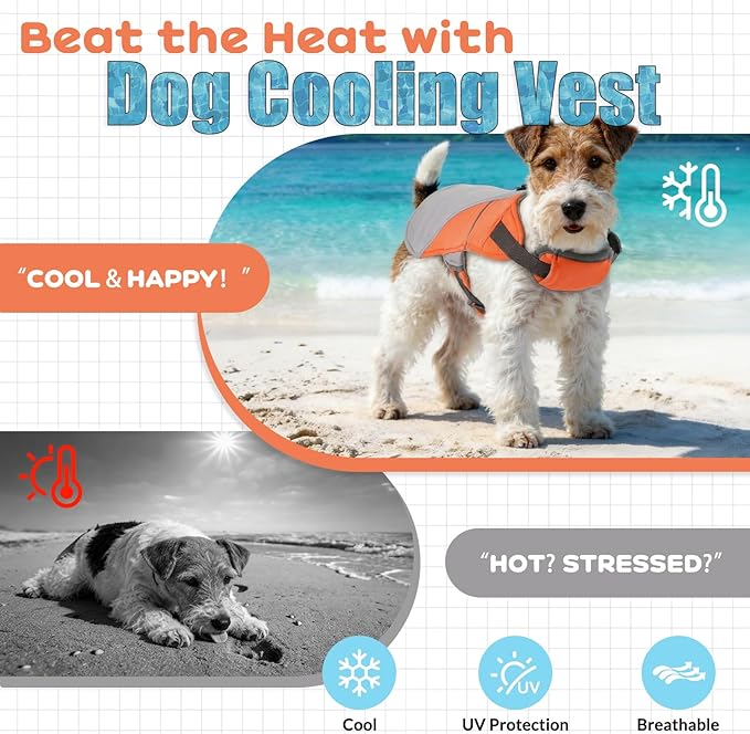 DENTRUN Dog Cooling Vest with Dual Absorbent Core, Adjustable Sun Protective Vest for Hot Weather, Doggie Ice Jacket Hiking Travel Summer Essentials, Reflective, Sun Protective Vest, Orange M