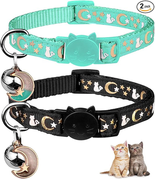 Baeuppit 2PCS Breakaway Cat Collars with Bell Moons Stars Cute Kitty Adjustable Safe Kitten Collars with Pendant Glow in The Dark(Black&Teal)