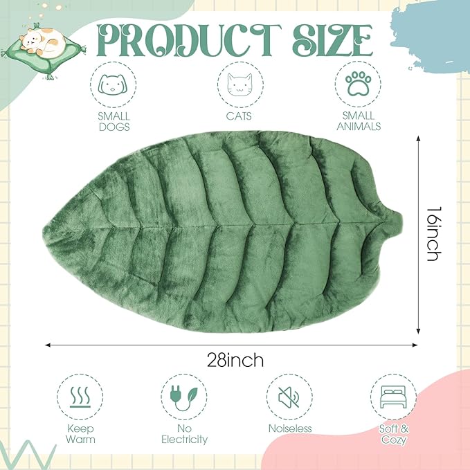 Novabright 4 Pcs Leaf Shaped Green Self Warming Cat Bed Mat 28''x 16'' Double Sided Velvet Washable Self Heating Pet Mat for Cats and Small Medium Dogs Indoor Bed Couch Sofa Floors