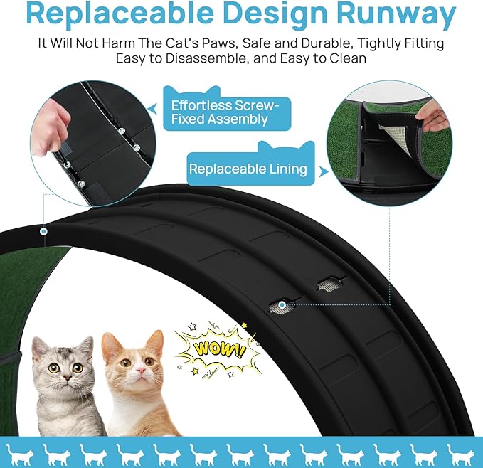 Cat Exercise Wheel, 39.4 Inch Indoor Treadmill for Cats with Carpeted Runway, Screw-Fixed Assembly for Easy Setup, Silent & Safe Fitness Equipment for Most Cats