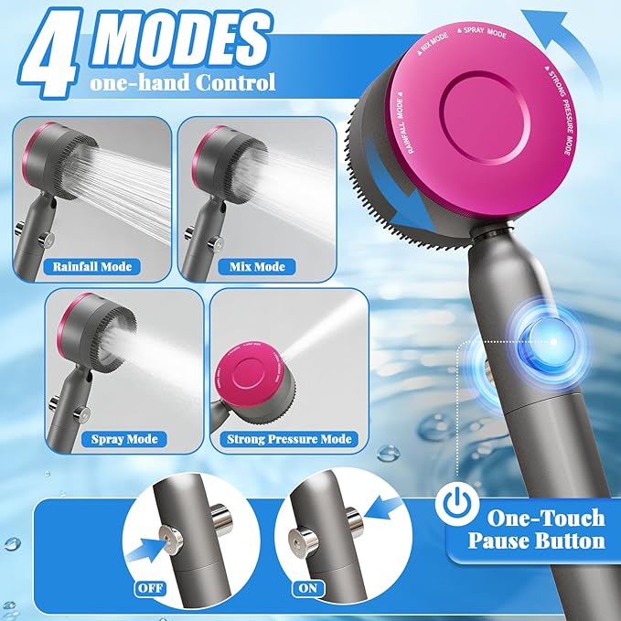 High Pressure Shower Head, 30° Adjustable 4 Modes Handheld Shower Head and Hose Set with 5 Filters, 59‘’ Hose & Bracket, Power Swivel Filtered Showerhead for Remove Residual Chlorine (Gray)
