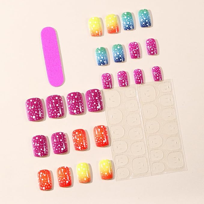 yefiuo Summer Press on Nails Short Square Ombre Fake Nails Press ons White Polka Dots Acrylic False Nails Glue on Nails Reusable Nail Tips Kit Full Cover Stick on Nail Supplies for Women Girls 24Pcs