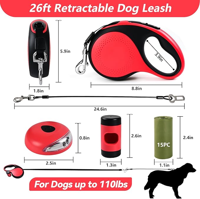 Heavy Duty Retractable Dog Leash for Large Dogs, 26ft Dog Leash with Poop Bag Holder, Up to 110lbs, chew Proof Cable, LED Light, 360° No-Tangle, One-Handed Pause & Locked (Red, L 26ft)